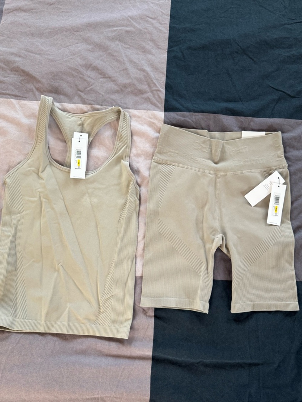 Calvin Klein NWT Ribbed Tank & Bike Short Set in Taupe/ medium